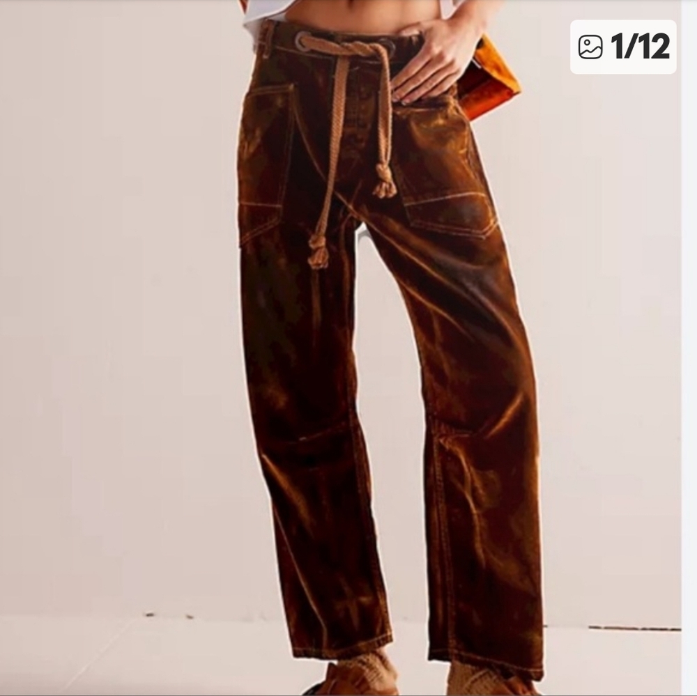 Free People We The Free Flocked Moxie Barrel Jeans Rust Size 29 - Picture 4 of 16